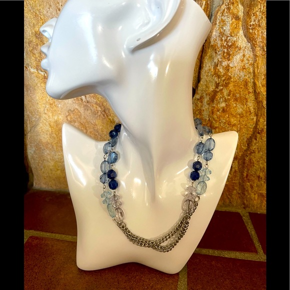 Jewelry - Navy, Light Blue, Clear Beaded Silver 16” Necklace